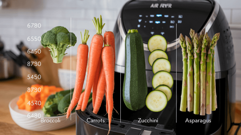 Comparison chart showing the best air fryer temperatures and cooking times for vegetables such as broccoli, carrots, zucchini, and asparagus