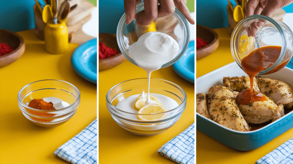 Step-by-step preparation of shawarma marinade with spices, yogurt, and lemon juice being mixed and poured over chicken