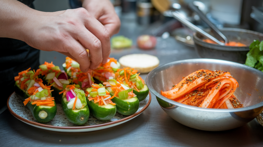 Preparation of Oi Sobagi with fresh vegetables being stuffed into cucumbers alongside a bowl of marinated Oi Kimchi ready for fermentation