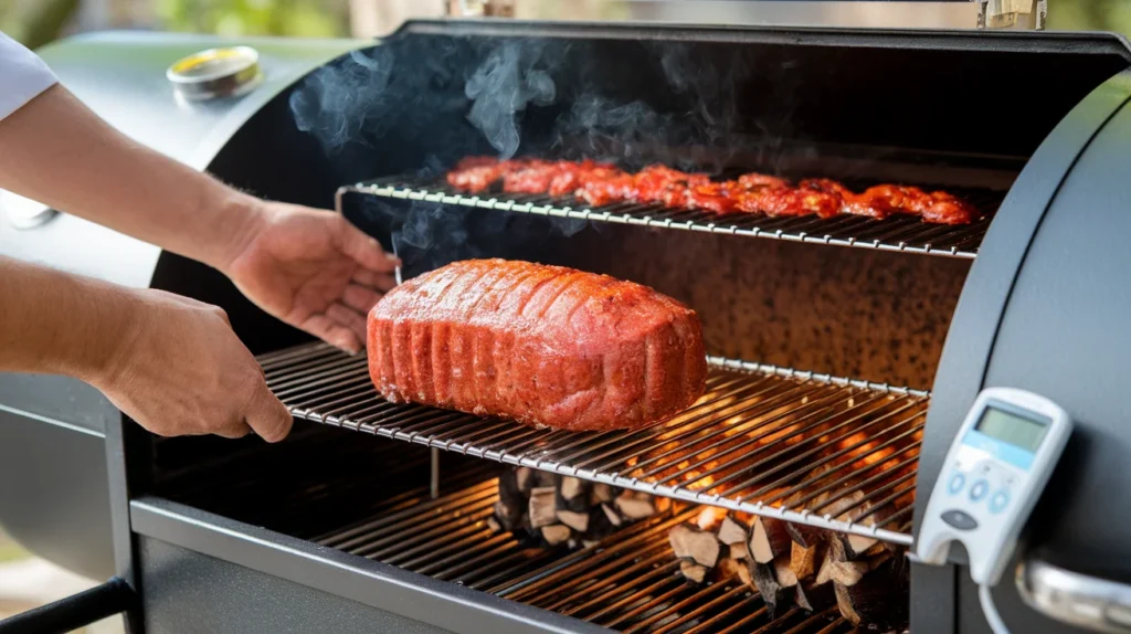 Chef placing a meatloaf with glaze into a smoker, with visible wood chips and smoke, highlighting the importance of temperature control