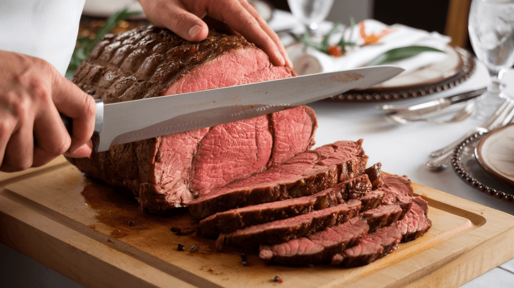 A chef carving a 5 lb prime rib roast into even slices on a wooden board, showcasing the juicy interior and crispy crust