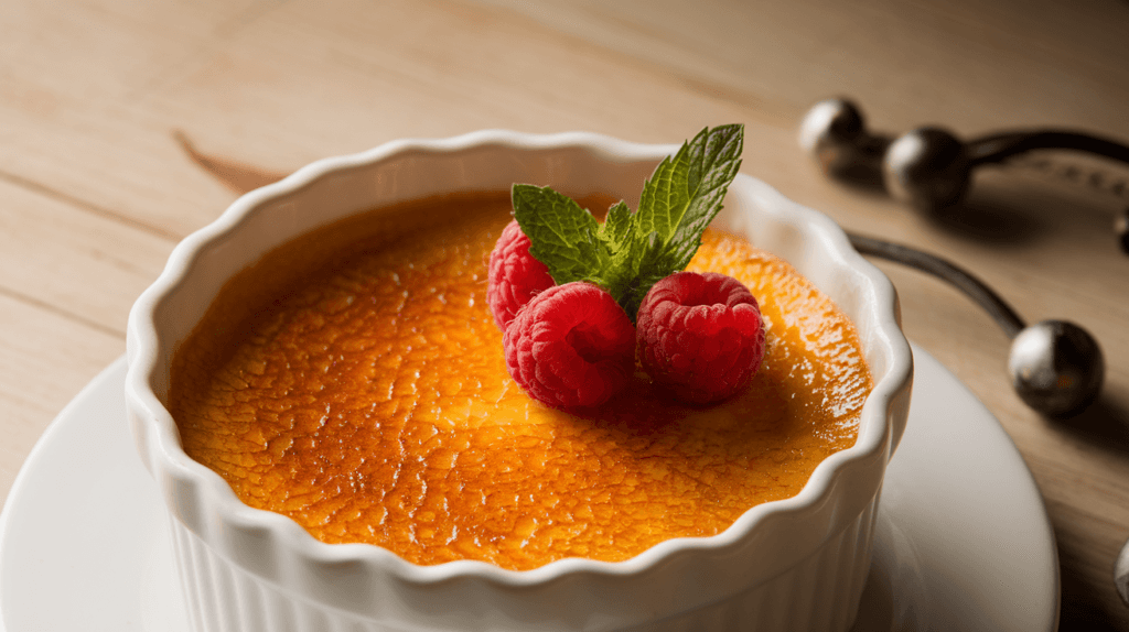 Classic crème brûlée with a caramelized sugar crust, served in a white ramekin, garnished with fresh mint leaves and raspberries on a wooden table.