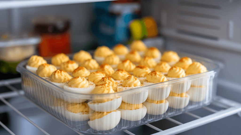 Deviled eggs stored in an airtight container in a refrigerator to maintain freshness when prepared a day before