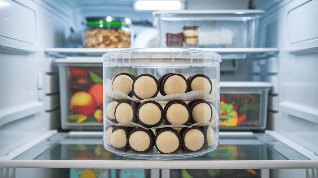 Oreo balls in an airtight container stored in a refrigerator with parchment paper separating the layers