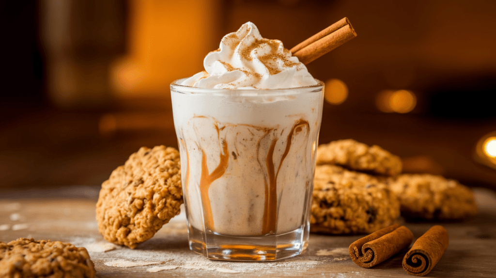 Oatmeal cookie shot with whipped cream topping, surrounded by oatmeal cookies and cinnamon sticks on a rustic wooden table.