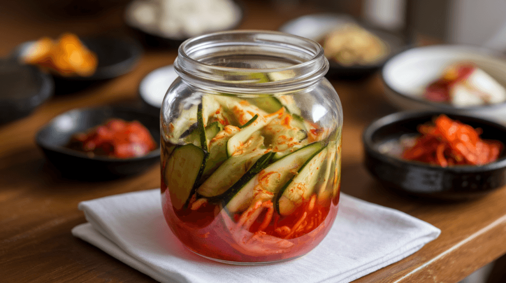 Fresh cucumber kimchi in a glass jar with vibrant colors, showcasing its tangy and spicy flavors