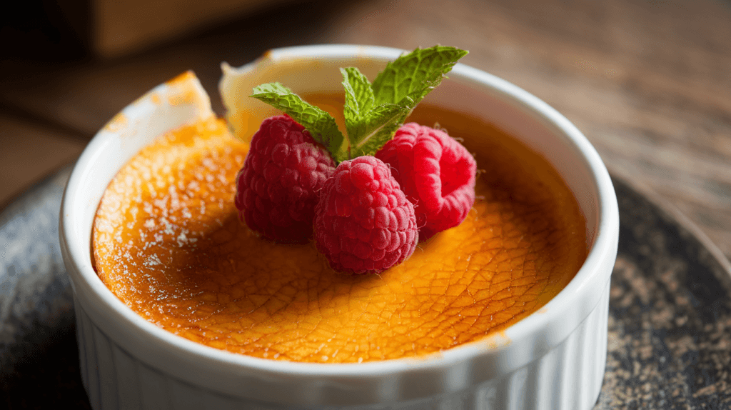 Close-up of a perfectly caramelized crème brûlée with a golden sugar crust, garnished with mint and raspberries, served in a white ramekin.