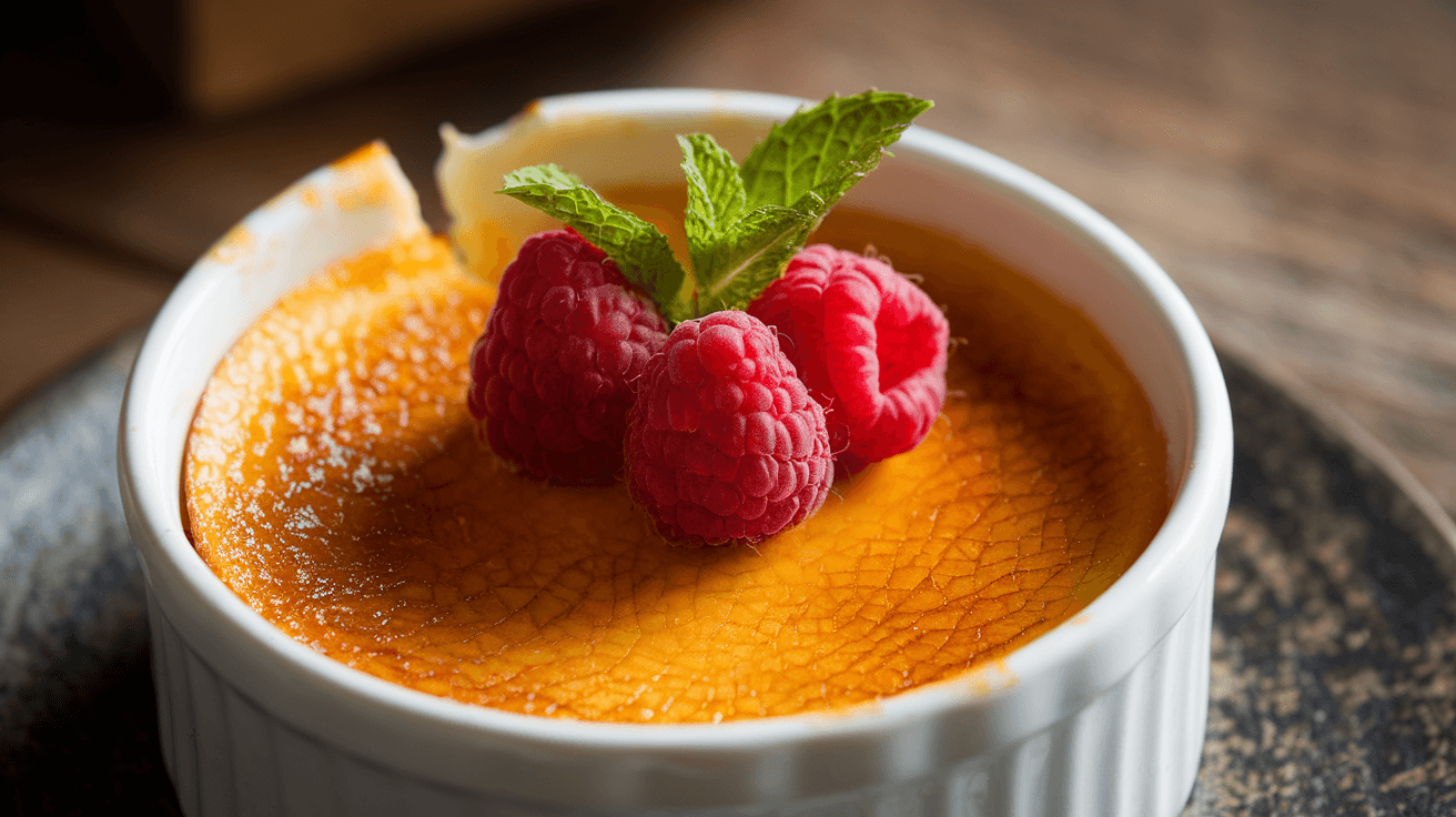 Close-up of a perfectly caramelized crème brûlée with a golden sugar crust, garnished with mint and raspberries, served in a white ramekin.