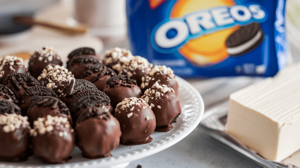 Delicious Oreo balls coated in dark chocolate and garnished with crushed Oreo crumbs on a serving plate