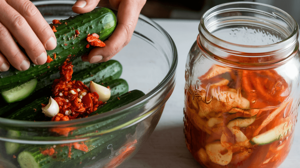 Cucumber kimchi being prepared with chili paste and fermenting in a jar, highlighting the process of creating this healthy probiotic dish