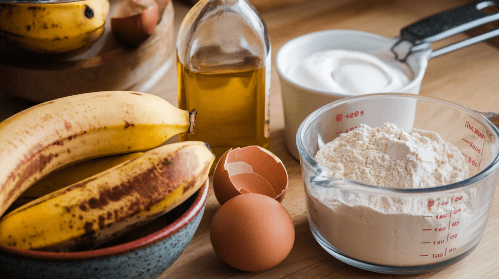 Key ingredients for moist banana nut bread, including overripe bananas, eggs, oil, sour cream, and flour on a wooden kitchen counter