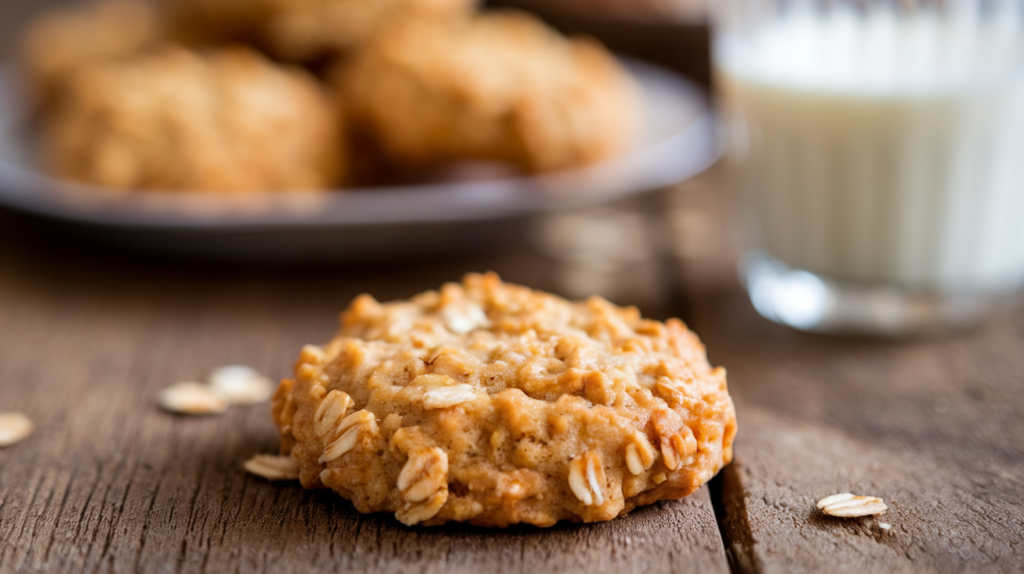 Freshly baked oatmeal cookie with visible oats, golden-brown texture, and crumbs on a wooden table, accompanied by milk in the background