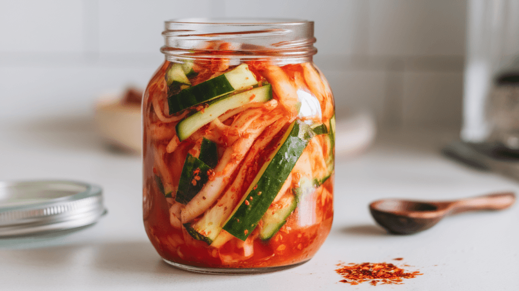 Freshly made cucumber kimchi stored in a glass jar with a vibrant red marinade, ready for refrigeration