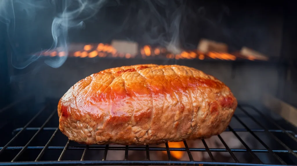 Close-up of a smoked meatloaf on a smoker grate with golden-brown caramelized glaze and aromatic smoke rising around it.