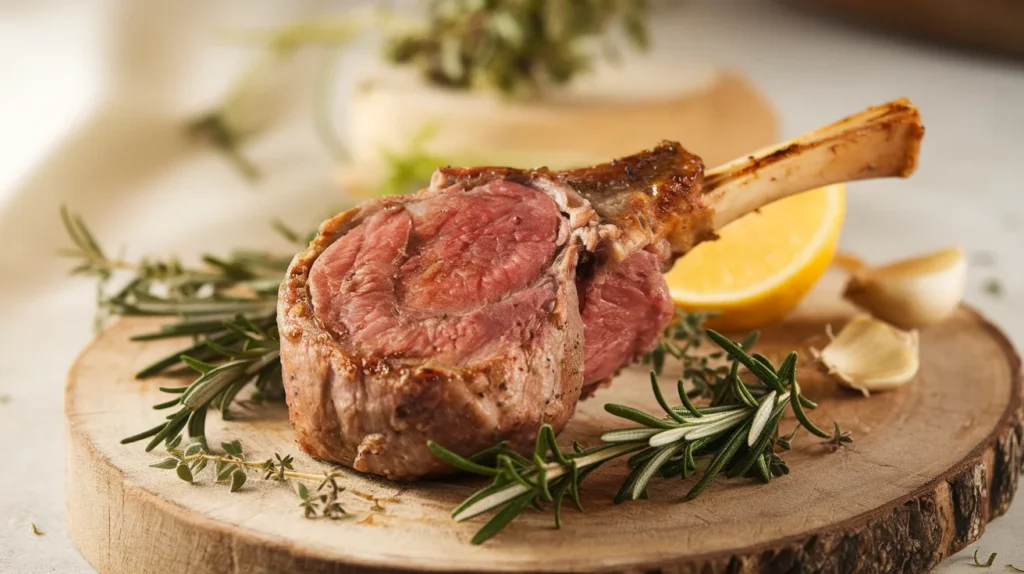 Perfectly cooked lamb chop with a golden-brown crust, garnished with fresh rosemary, thyme, lemon, and garlic on a rustic wooden cutting board.