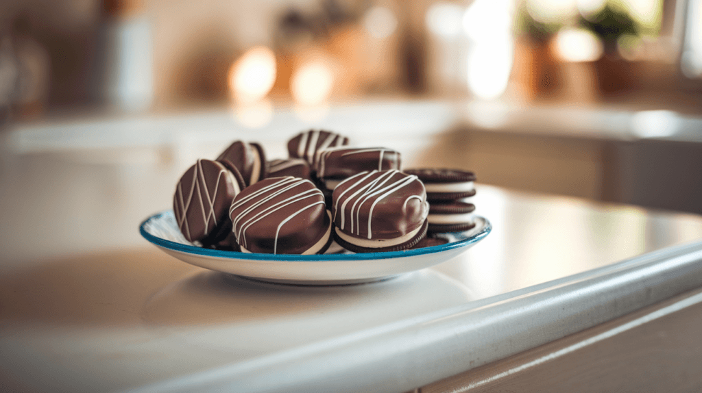 Chocolate-covered Oreos on a plate with white chocolate drizzle, presented in a cozy kitchen setting