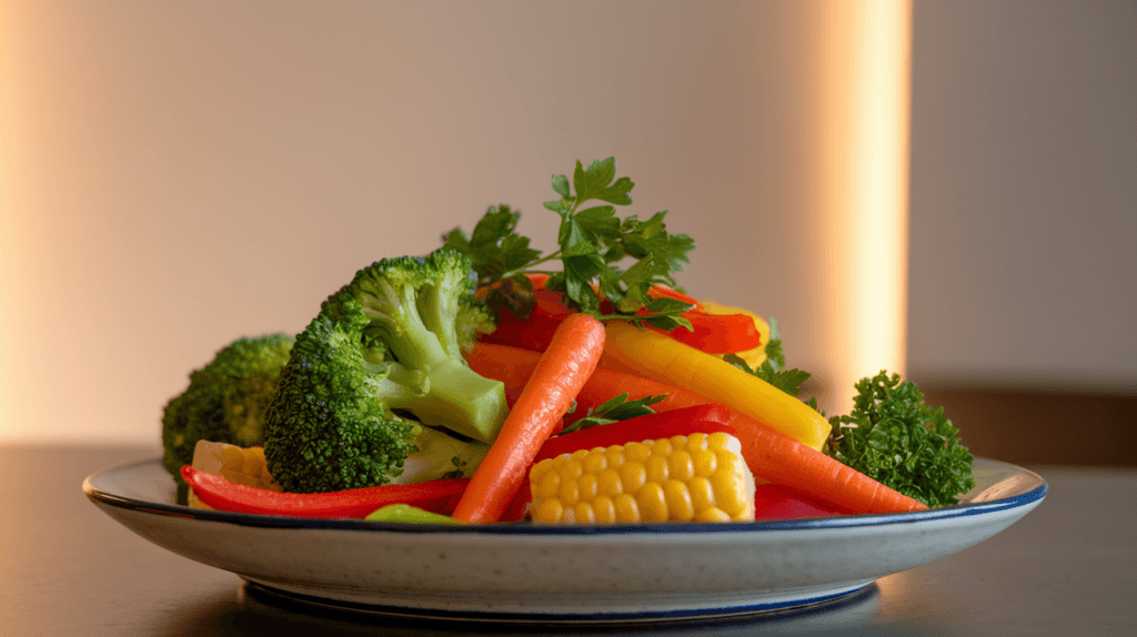 Plate of colorful and perfectly cooked frozen vegetables served as a healthy and delicious side dish