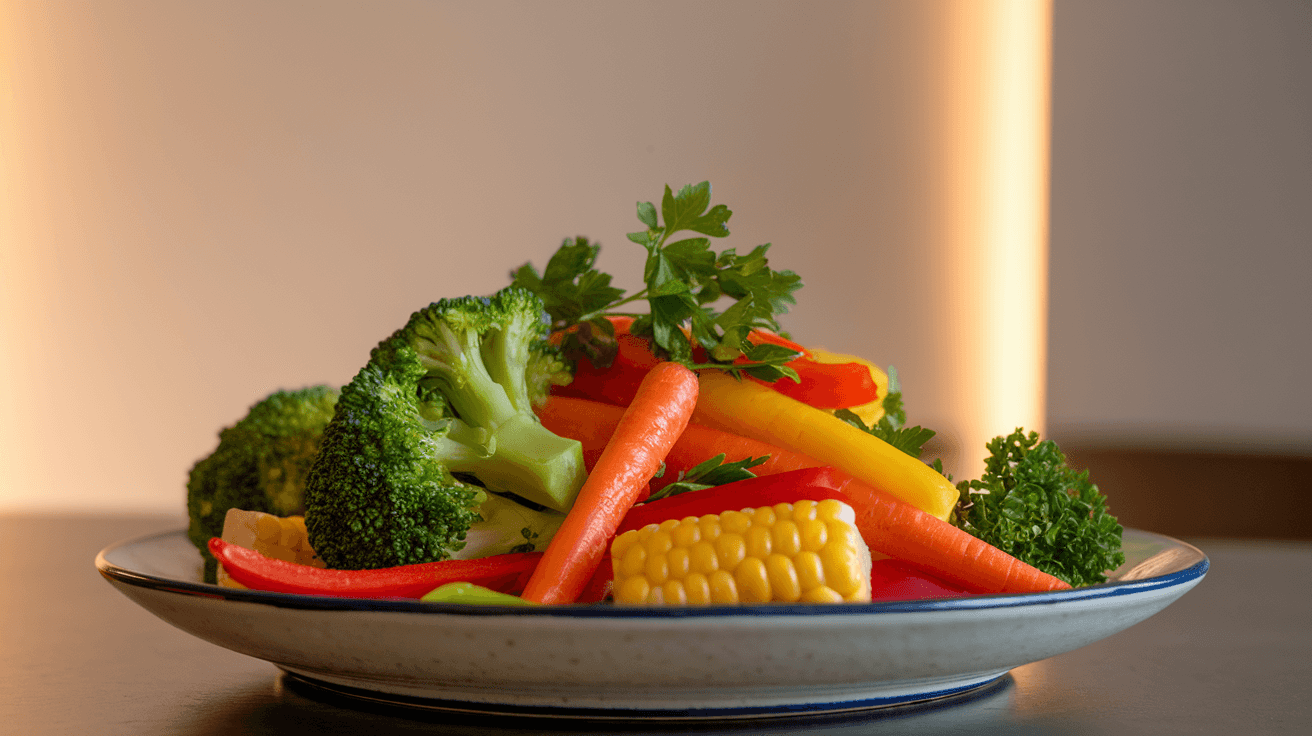 Plate of colorful and perfectly cooked frozen vegetables served as a healthy and delicious side dish