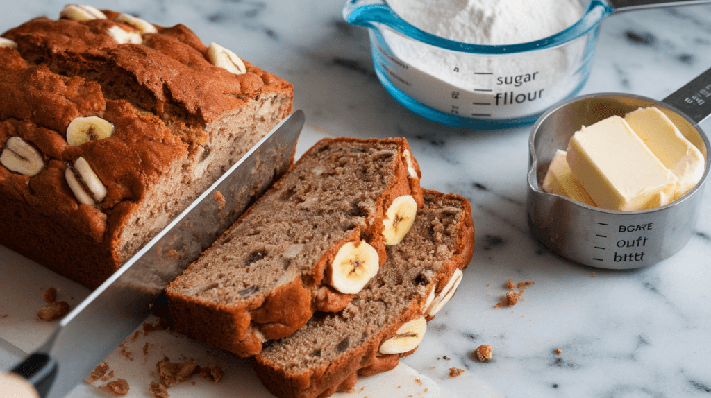 Close-up of banana nut bread being sliced, showing a moist texture with visible nuts and bananas, surrounded by key ingredients on a marble counter