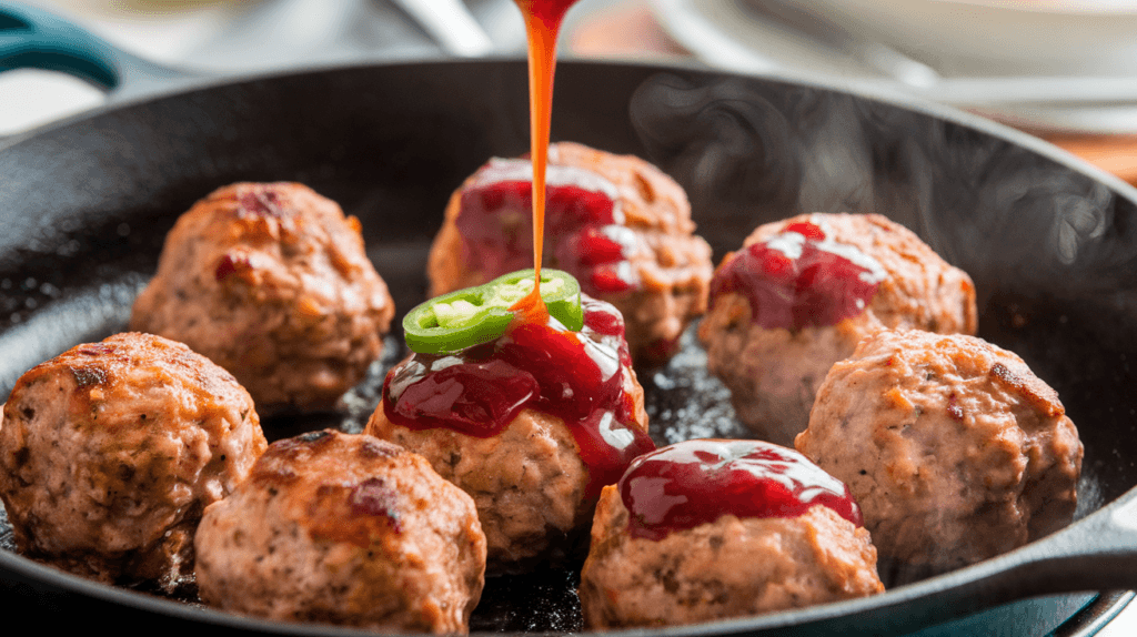 Cranberry jalapeño meatballs sizzling in a skillet as the cranberry glaze is poured over them