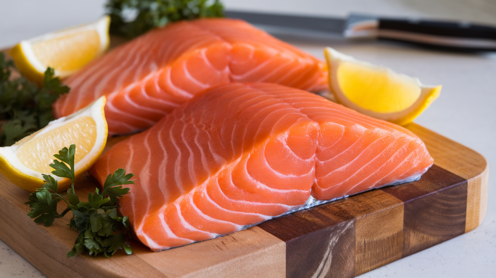 Fresh sushi-grade raw salmon fillets on a cutting board with lemon slices and parsley