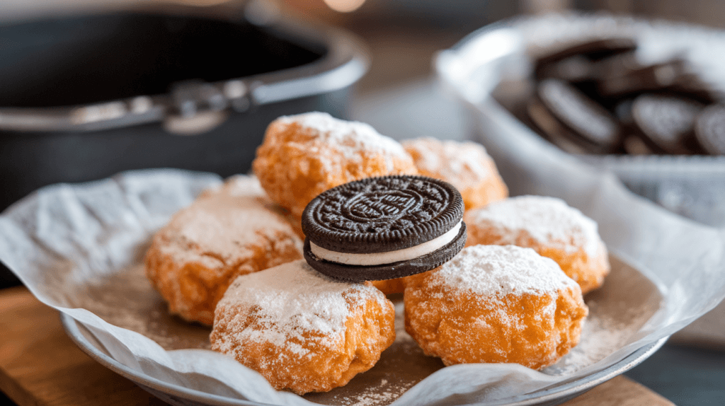 Golden brown fried Oreos dusted with powdered sugar on a parchment-lined plate, showcasing their fresh and crispy texture