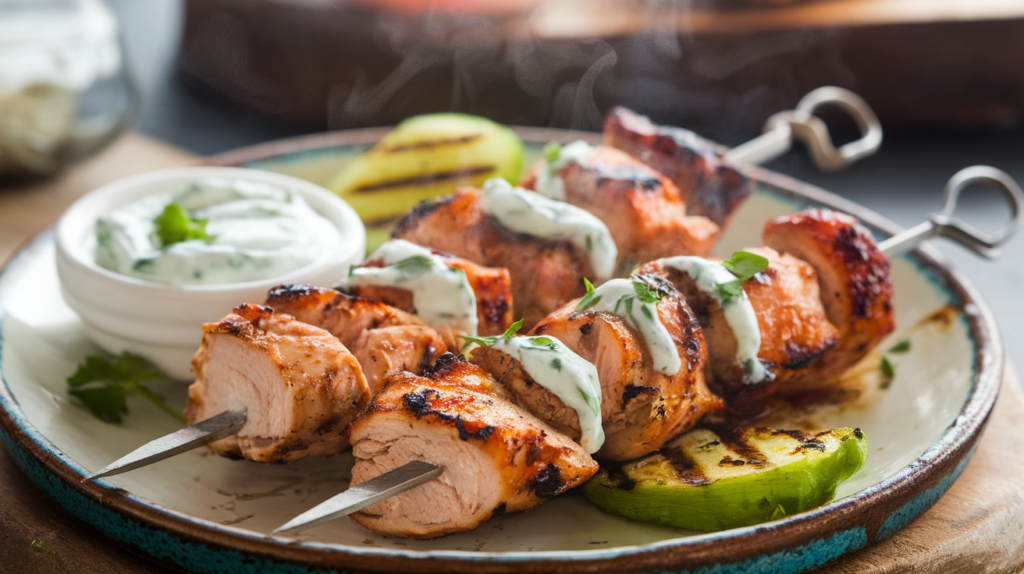 Grilled chicken skewers drizzled with tzatziki sauce, highlighting the perfect pairing of tangy sauce with smoky, charred meats.