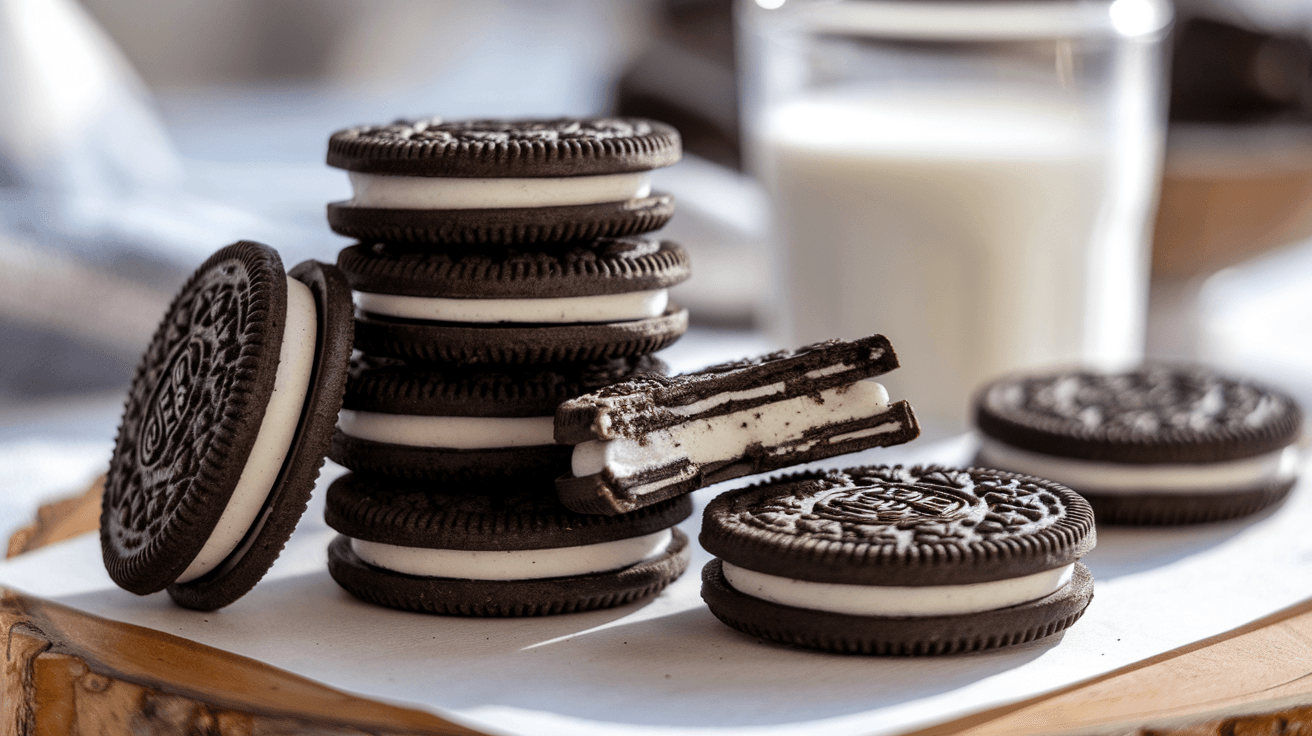 Close-up of Oreo cookies with creamy filling, stacked on a wooden surface next to a glass of milk, highlighting their freshness and texture