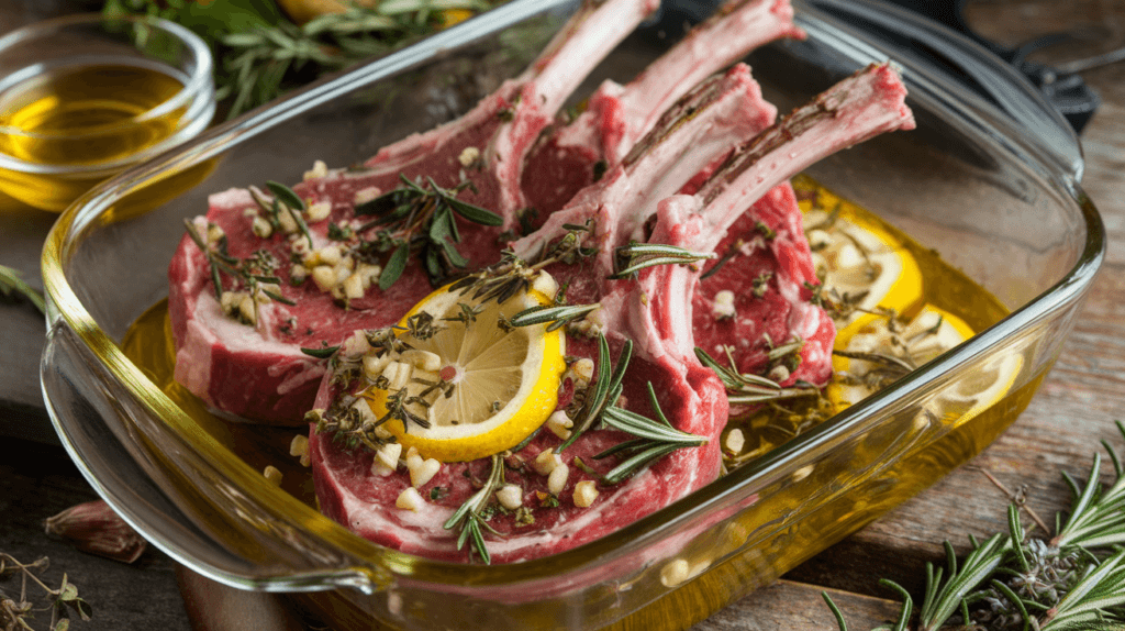 Raw lamb chops marinating with olive oil, herbs, and garlic on a rustic kitchen counter.