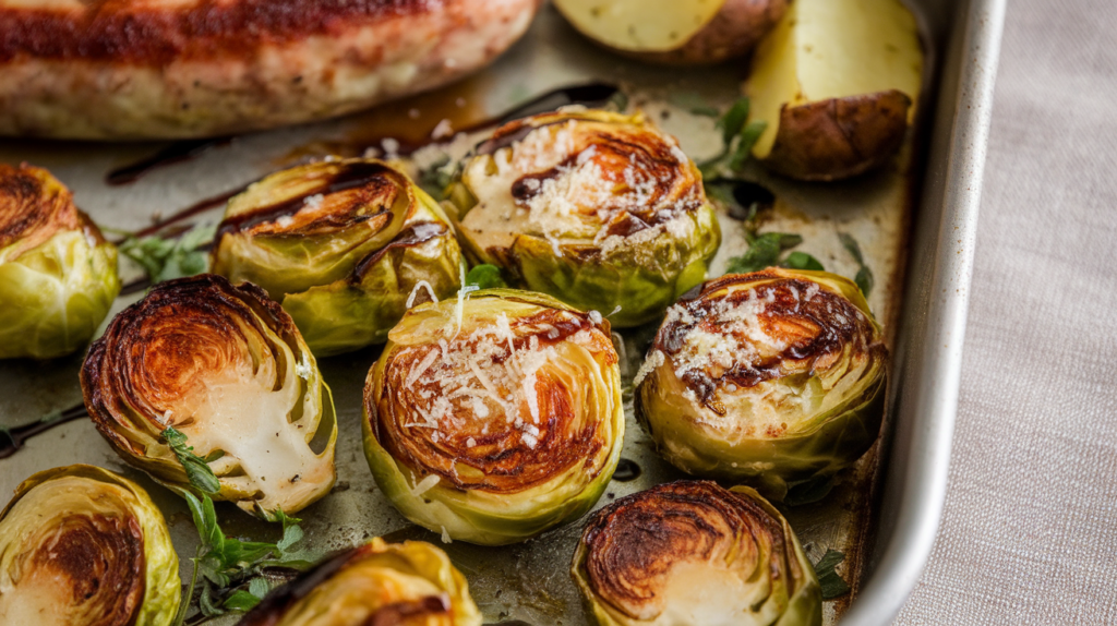 Roasted Brussels sprouts with Parmesan and balsamic glaze served alongside sausage and potatoes for a hearty side dish option