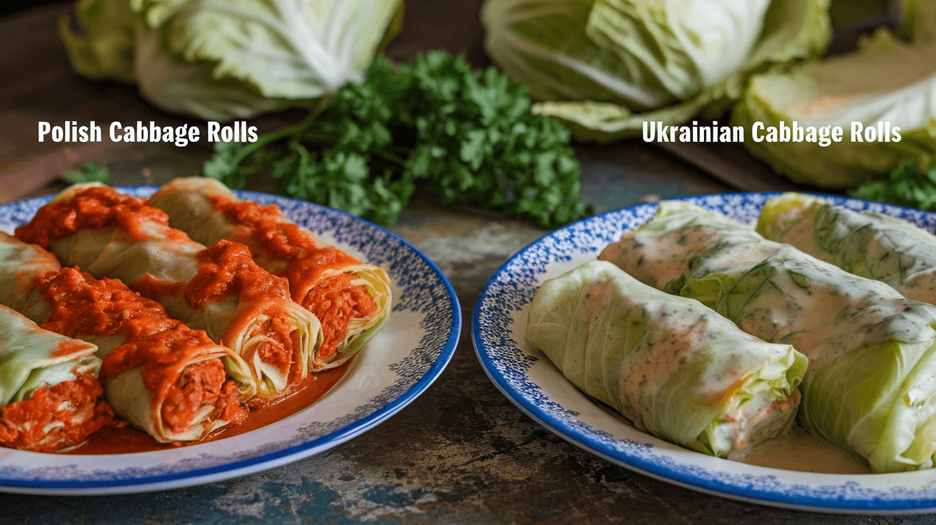 Comparison of Polish and Ukrainian cabbage rolls with different sauces on separate plates