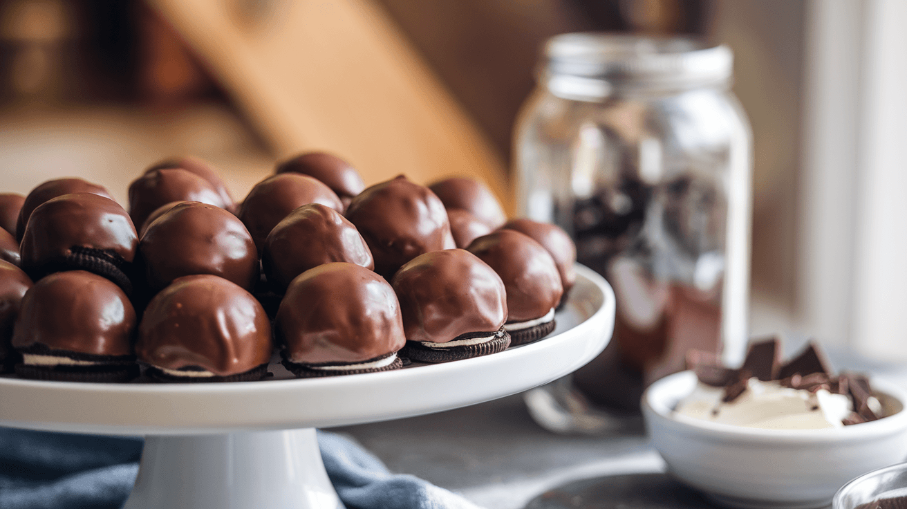 Close-up of Oreo balls on a serving platter with cream cheese and crushed Oreos in a cozy kitchen setting