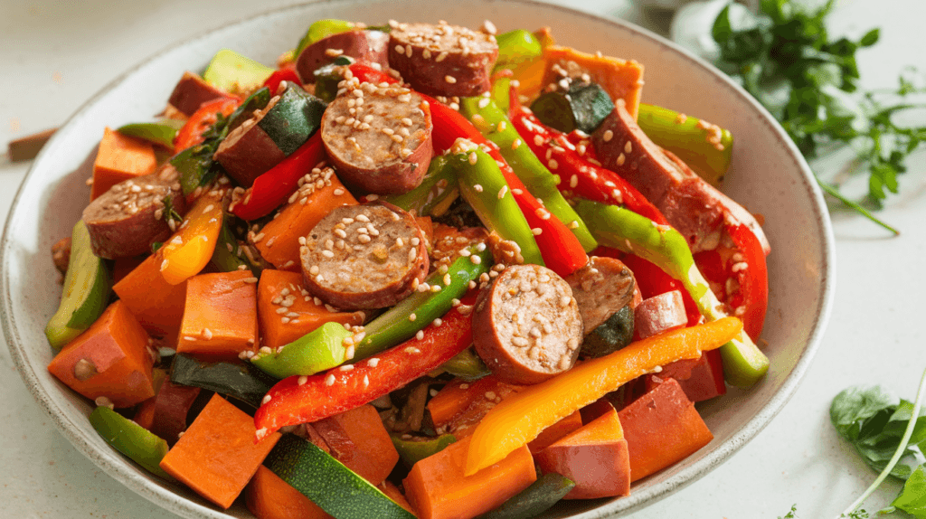 Sweet potato and vegetarian sausage stir-fry with bell peppers and zucchini, garnished with sesame seeds and fresh herbs