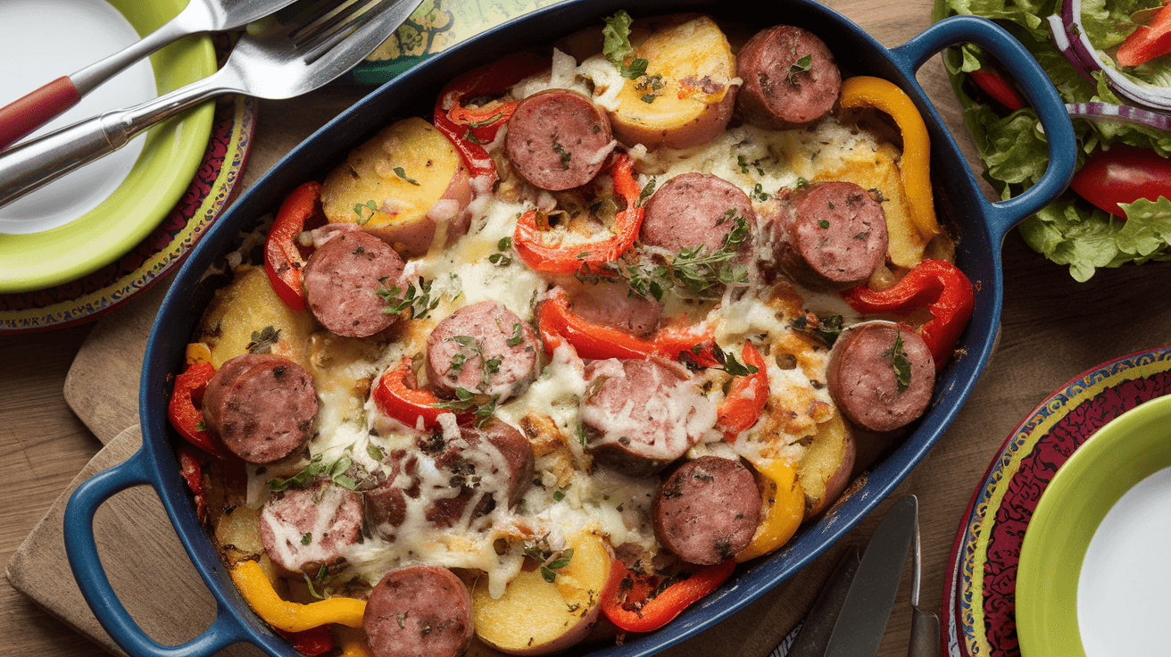 Rustic dinner table featuring smoked sausages with sides like mashed potatoes, roasted vegetables, cornbread, and sauces for a perfect pairing