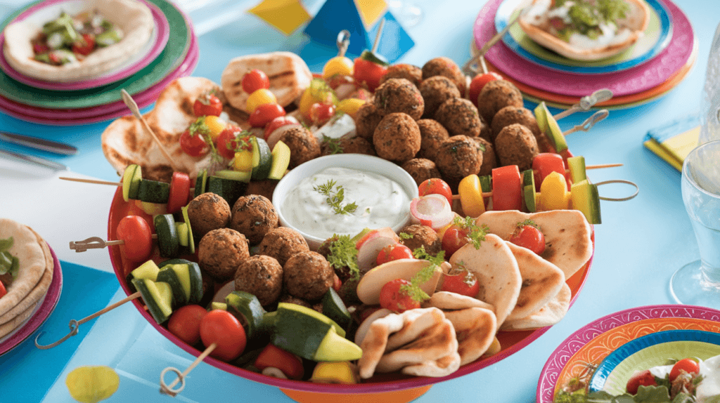 A party platter with mini pitas, falafel balls, and fresh vegetable skewers paired with tzatziki sauce, ideal for gatherings and appetizers