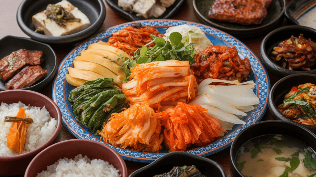 Oi Sobagi and Oi Kimchi served as part of a healthy Korean meal with rice, grilled meat, and soup, highlighting their nutritional value