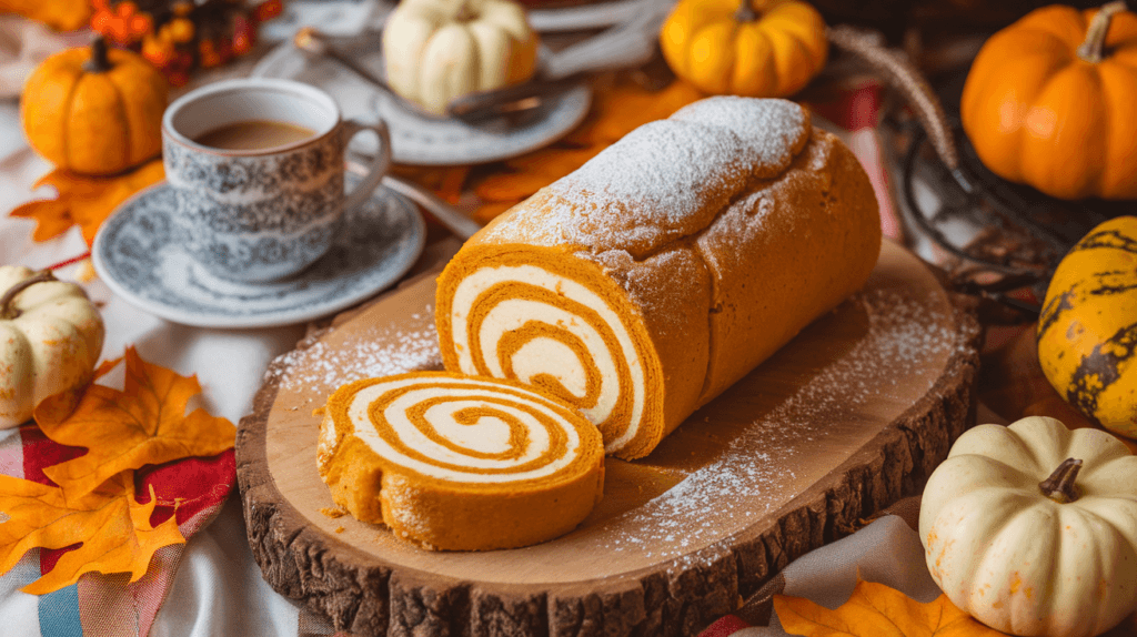 Completed pumpkin roll dessert garnished with powdered sugar, sliced to reveal its cream swirl, with fall-themed decor in the background