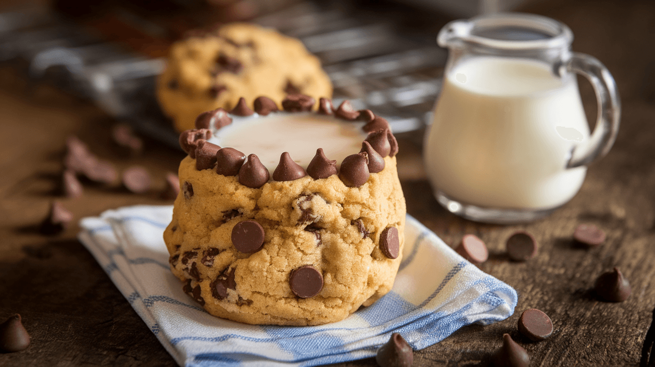 A chocolate chip cookie shot filled with milk, placed on a rustic wooden table with chocolate chips and a small jug of milk in the background.