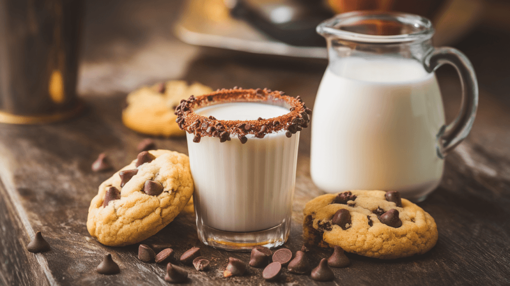 A chocolate chip cookie shot filled with milk, placed on a rustic wooden table with chocolate chips and a small jug of milk in the background