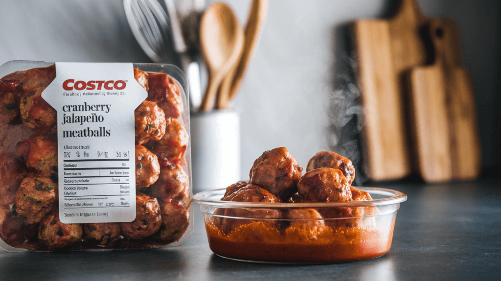 Close-up of Costco cranberry jalapeño meatballs packaging showing nutritional facts and freshly prepared meatballs on a kitchen counter.