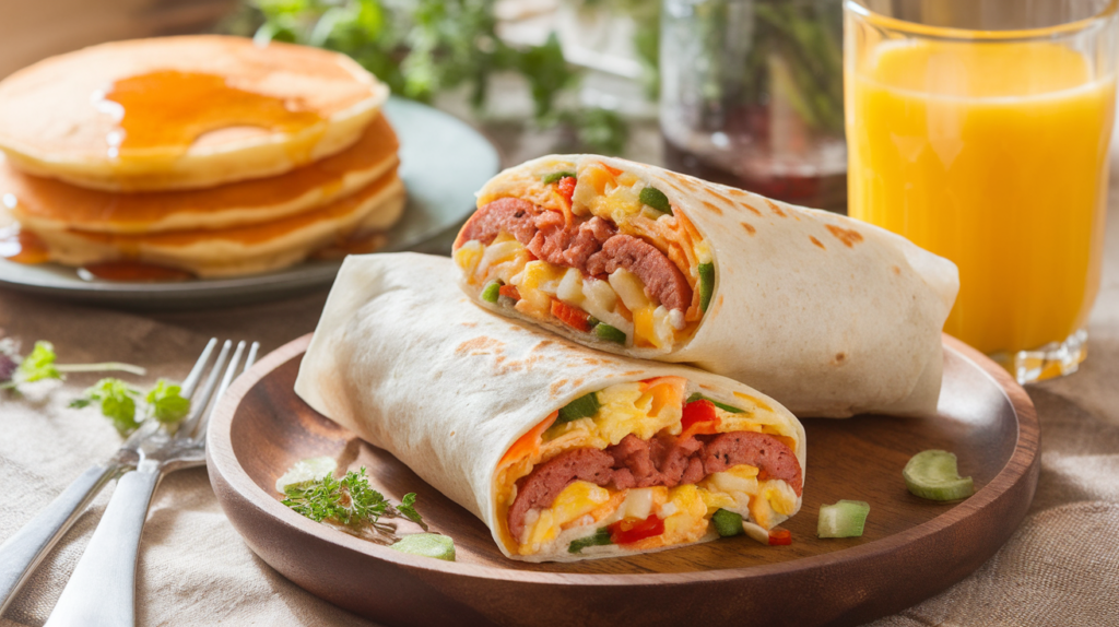 Breakfast burrito with smoked sausage, eggs, cheese, and vegetables, served with pancakes and orange juice in a cozy morning setting