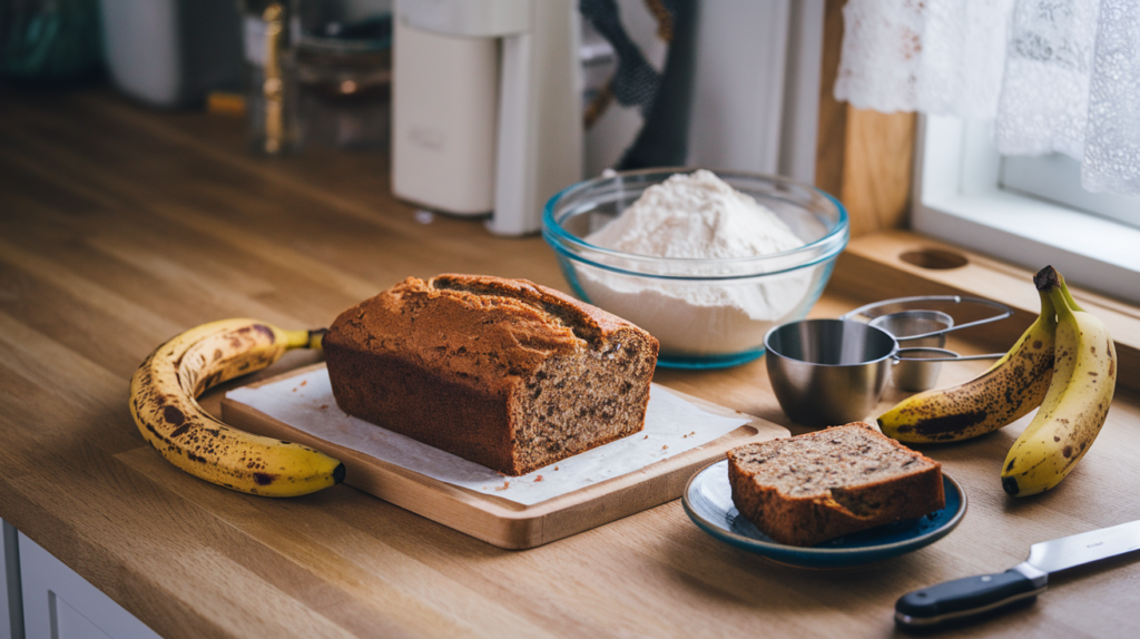 Freshly baked banana bread on a wooden cutting board with ripe bananas and baking ingredients on a kitchen counter