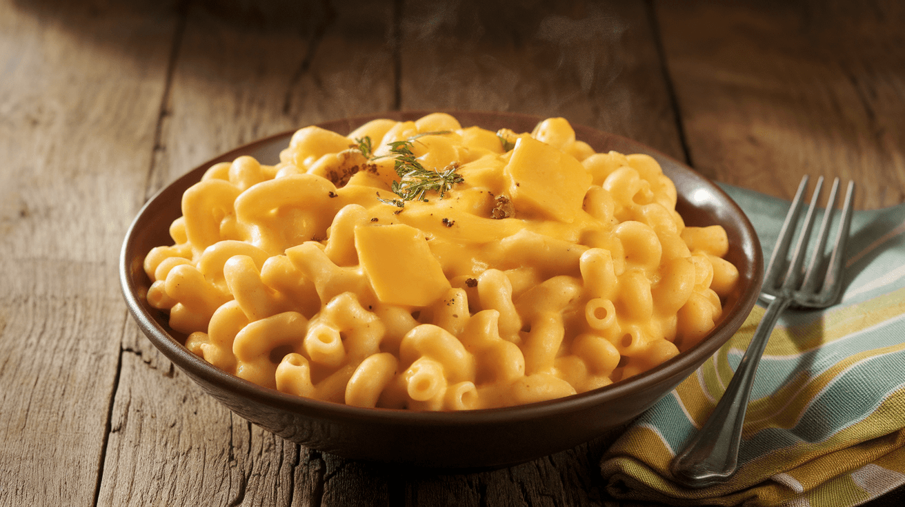 A bowl of mac and cheese made with Velveeta cheese, featuring creamy golden cheese sauce on pasta, placed on a wooden table