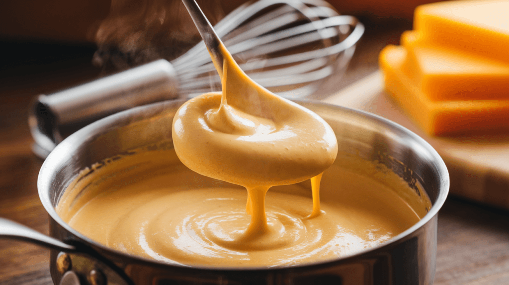 Rich and creamy cheese sauce being stirred in a saucepan, showcasing the perfect base for moist mac and cheese