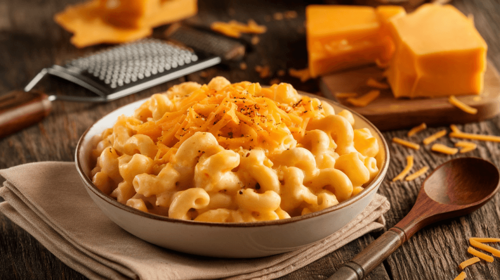 Close-up of creamy mac and cheese in a white bowl with melted cheese, shredded cheddar, and a cheese grater on a rustic wooden table