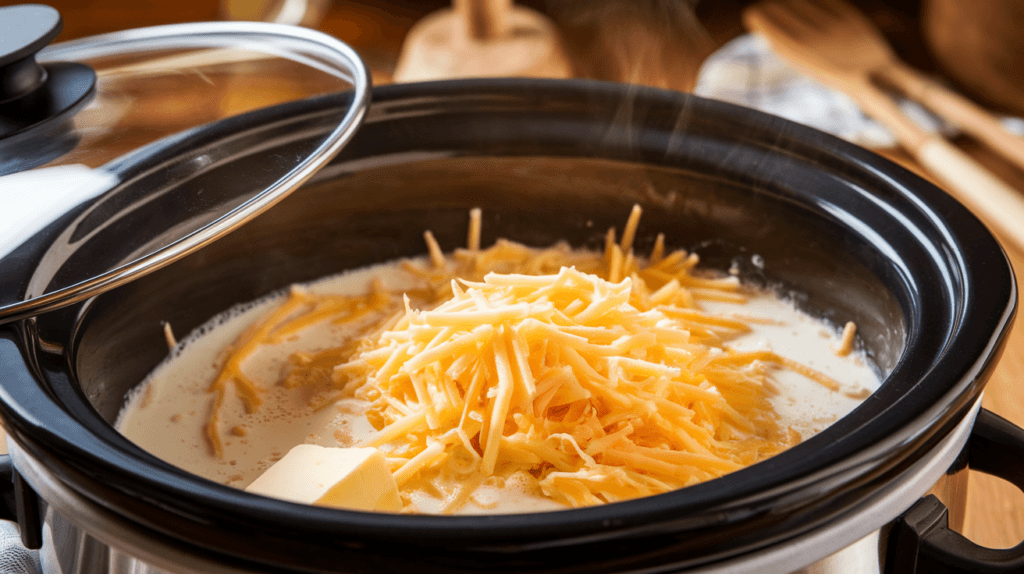 Step-by-step process of melting cheese in a crockpot to make smooth mac and cheese