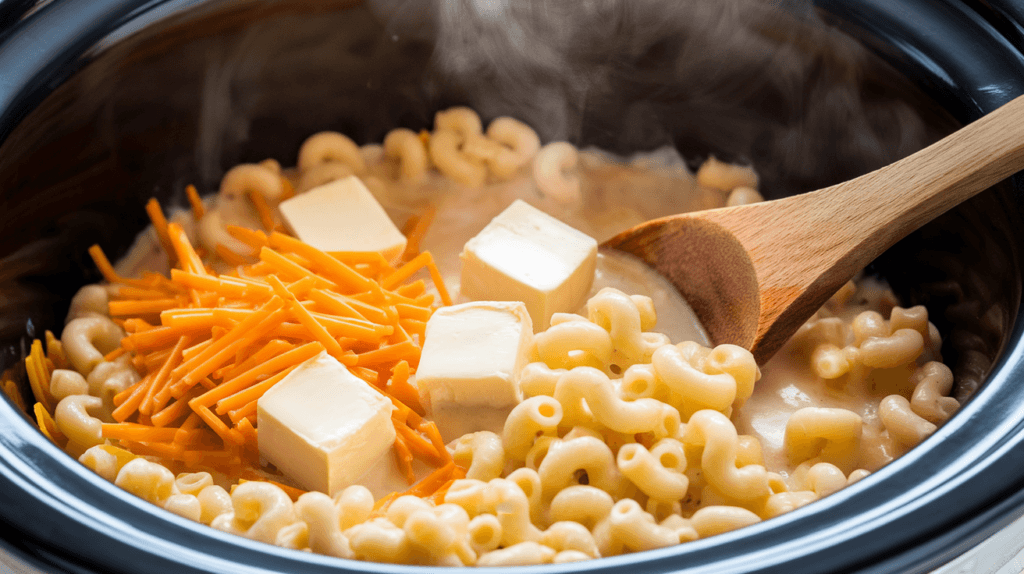 Cooking Crockpot Mac and Cheese with Cream Cheese, showing melted cheese and creamy pasta in a slow cooker