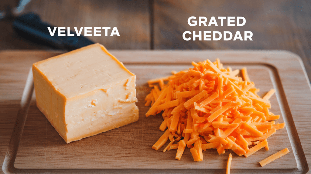 Comparison of Velveeta cheese cubes and grated cheddar cheese on a cutting board, highlighting texture differences for mac and cheese