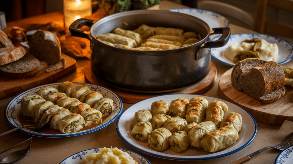 Family-style serving of Polish and Ukrainian cabbage rolls with traditional side dishes like rye bread and pickled vegetables