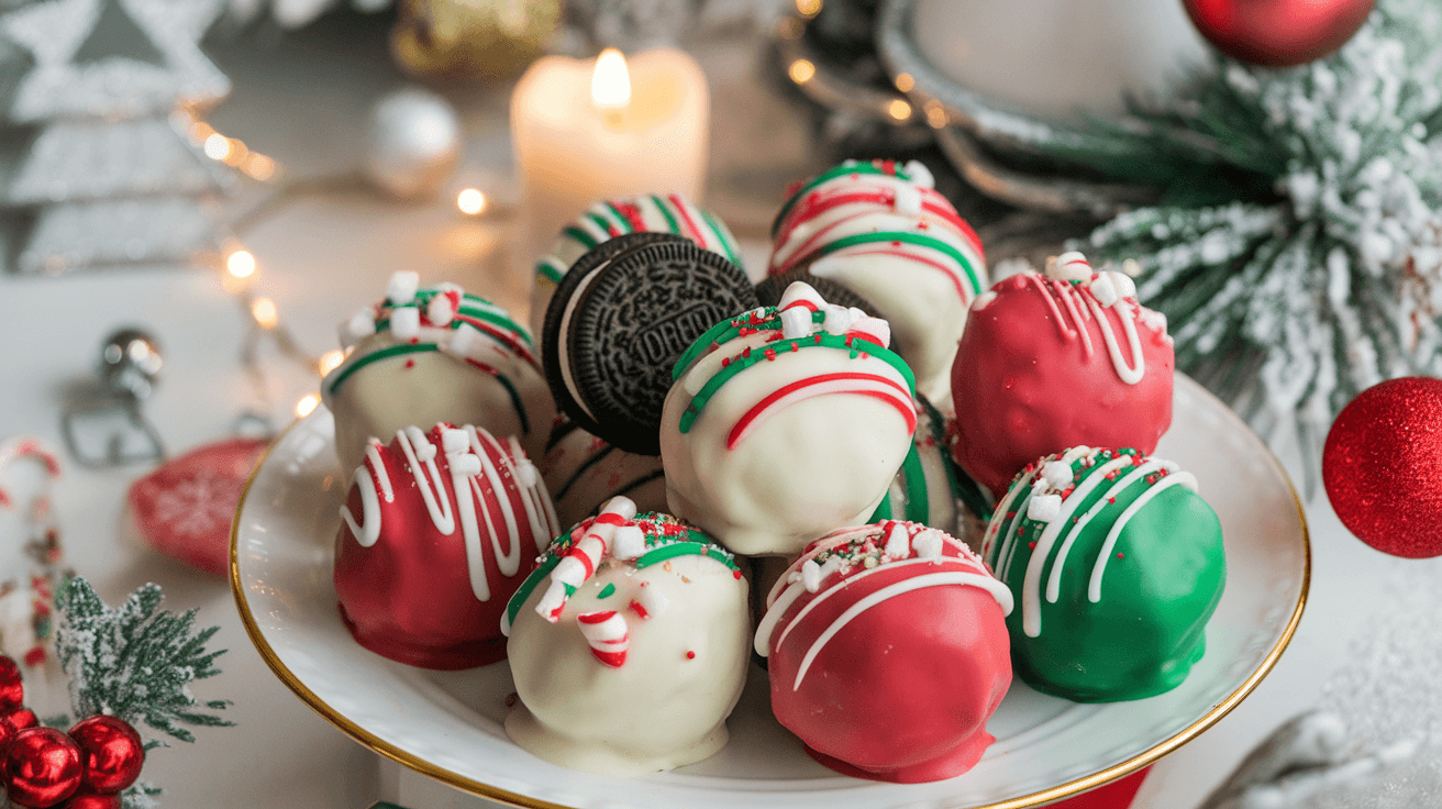 Christmas Oreo balls arranged on a festive platter, coated in red, green, and white chocolate with holiday-themed sprinkles and decorations.